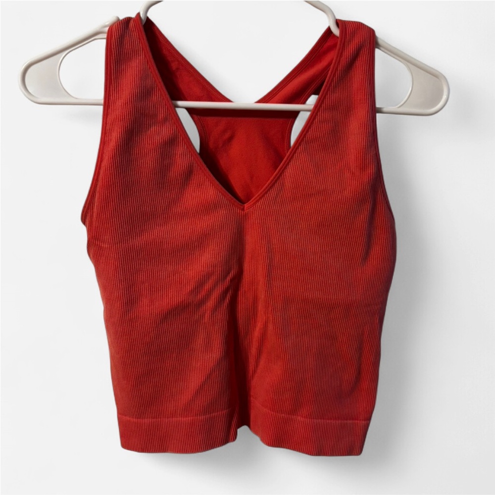 Red Ribbed V-Neck Crop Top